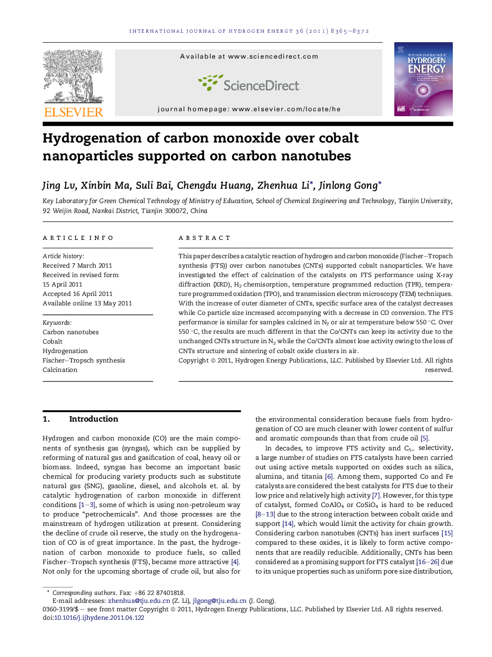 Hydrogenation of carbon monoxide over cobalt nanoparticles supported on carbon nanotubes