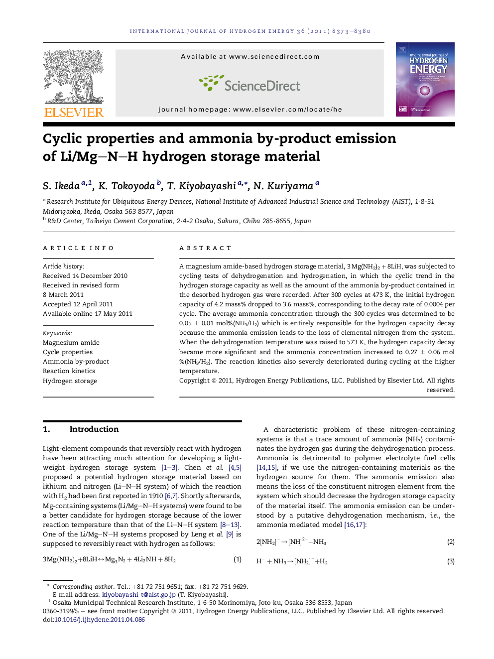 Cyclic properties and ammonia by-product emission of Li/Mg–N–H hydrogen storage material