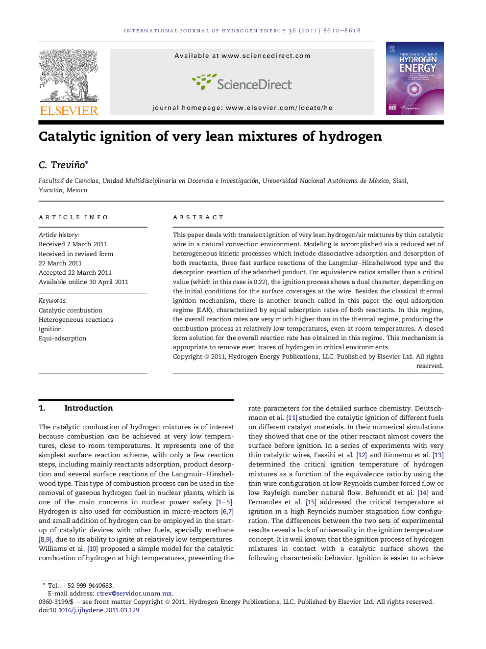 Catalytic ignition of very lean mixtures of hydrogen