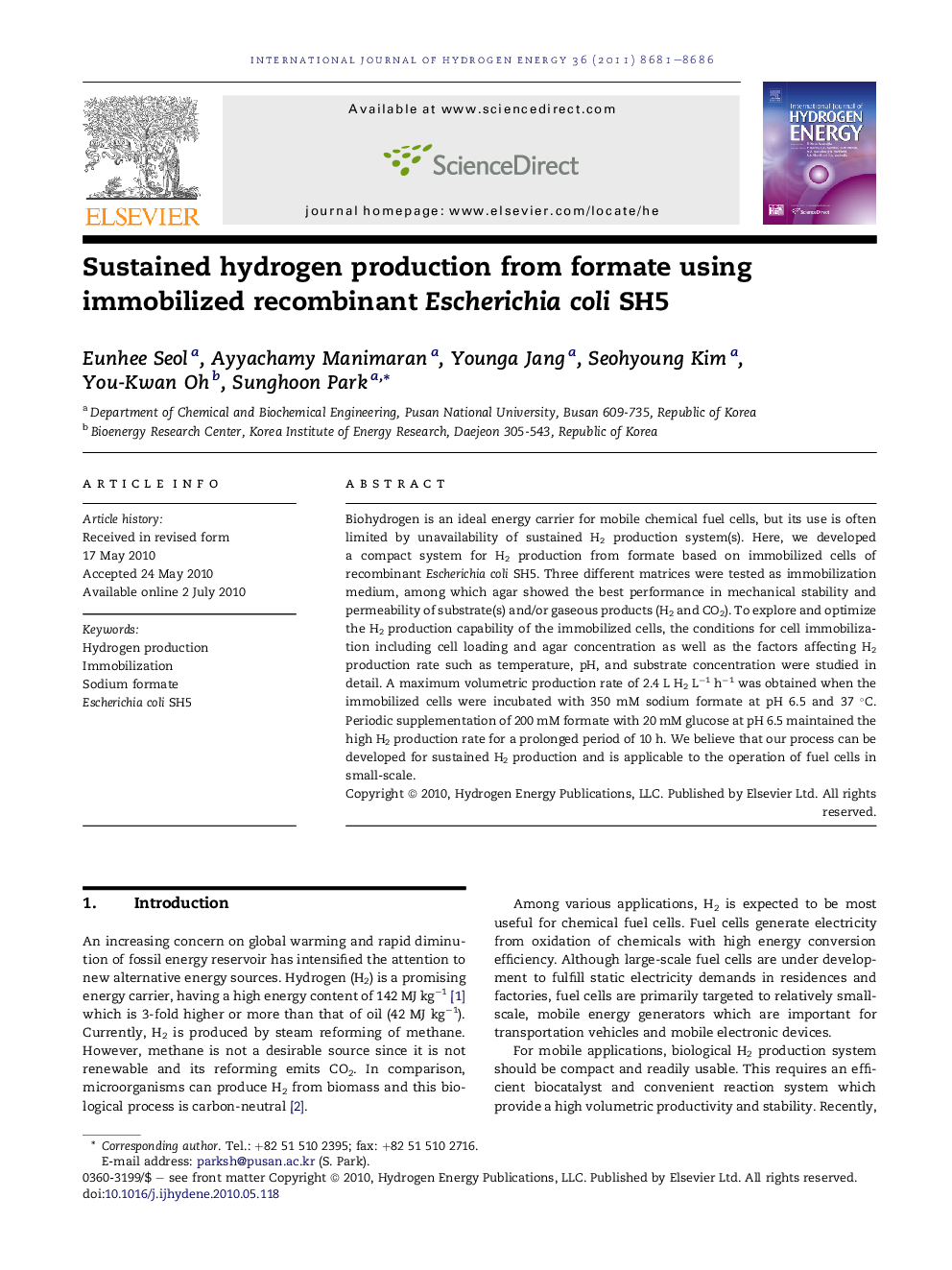 Sustained hydrogen production from formate using immobilized recombinant Escherichia coli SH5