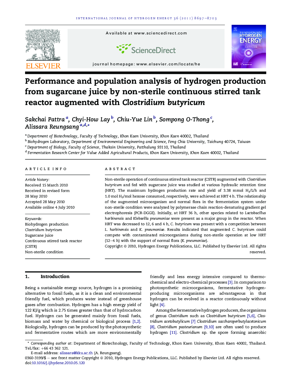Performance and population analysis of hydrogen production from sugarcane juice by non-sterile continuous stirred tank reactor augmented with Clostridium butyricum