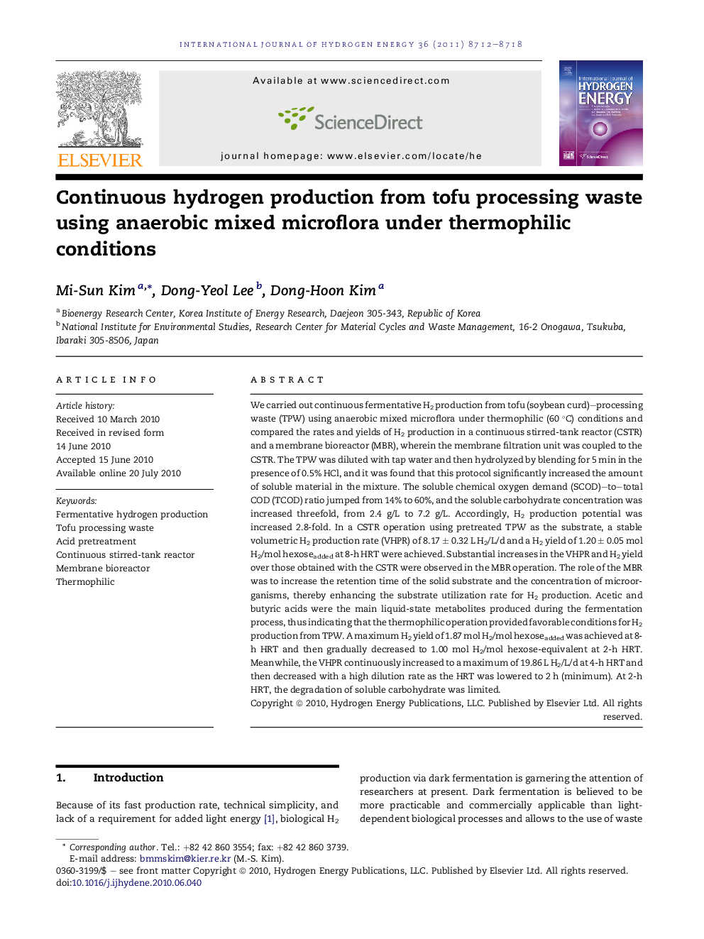 Continuous hydrogen production from tofu processing waste using anaerobic mixed microflora under thermophilic conditions