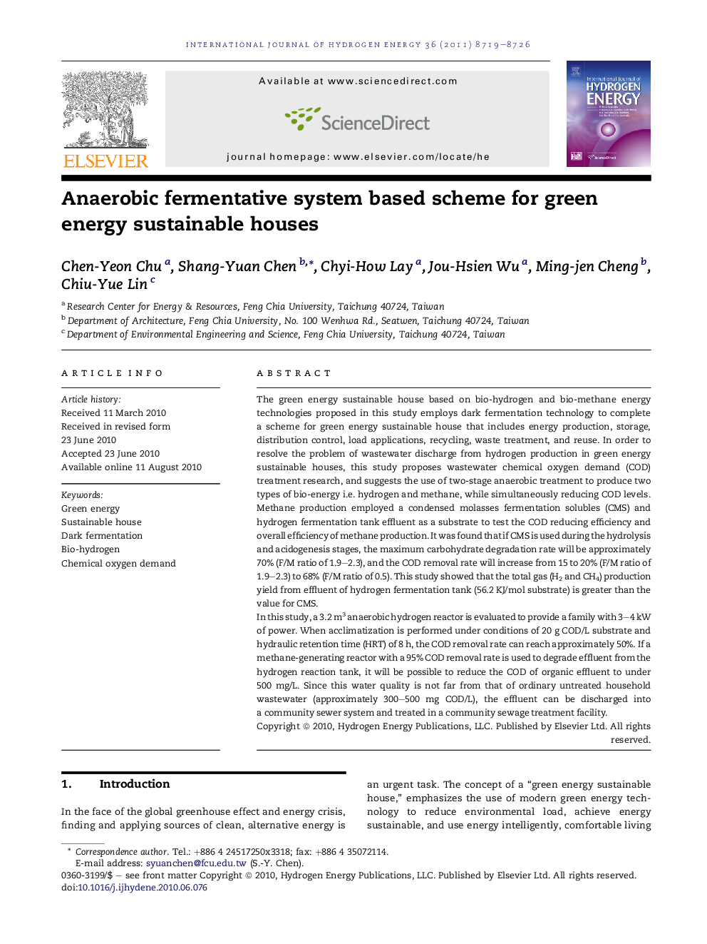 Anaerobic fermentative system based scheme for green energy sustainable houses