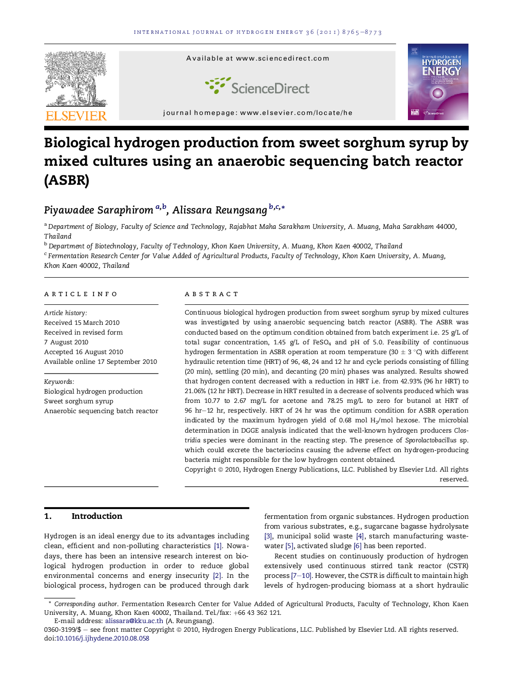 Biological hydrogen production from sweet sorghum syrup by mixed cultures using an anaerobic sequencing batch reactor (ASBR)