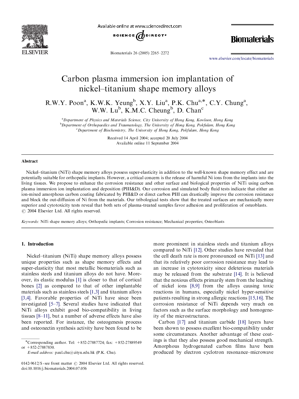 Carbon plasma immersion ion implantation of nickel–titanium shape memory alloys