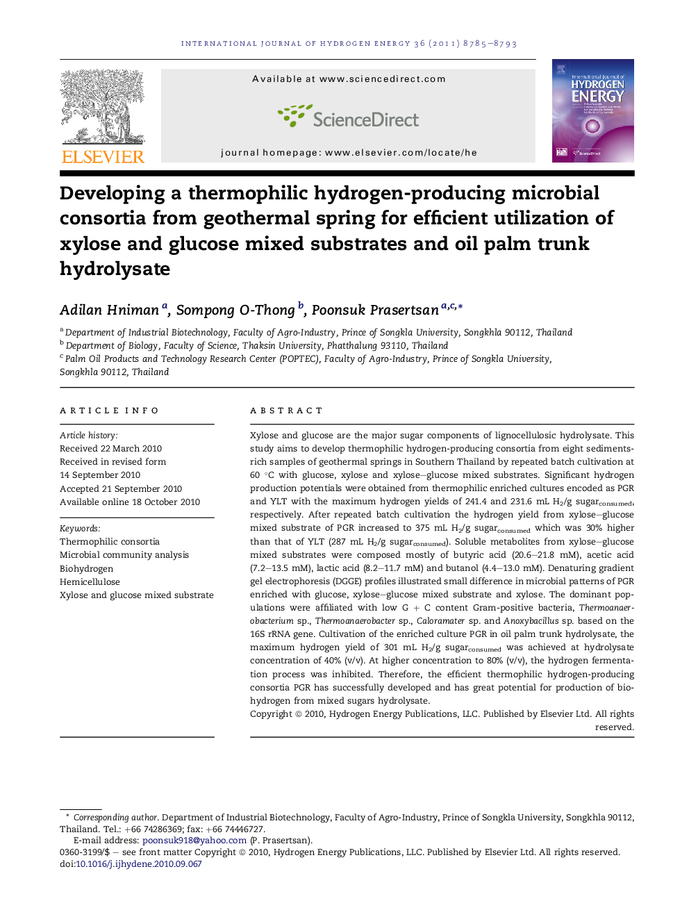 Developing a thermophilic hydrogen-producing microbial consortia from geothermal spring for efficient utilization of xylose and glucose mixed substrates and oil palm trunk hydrolysate