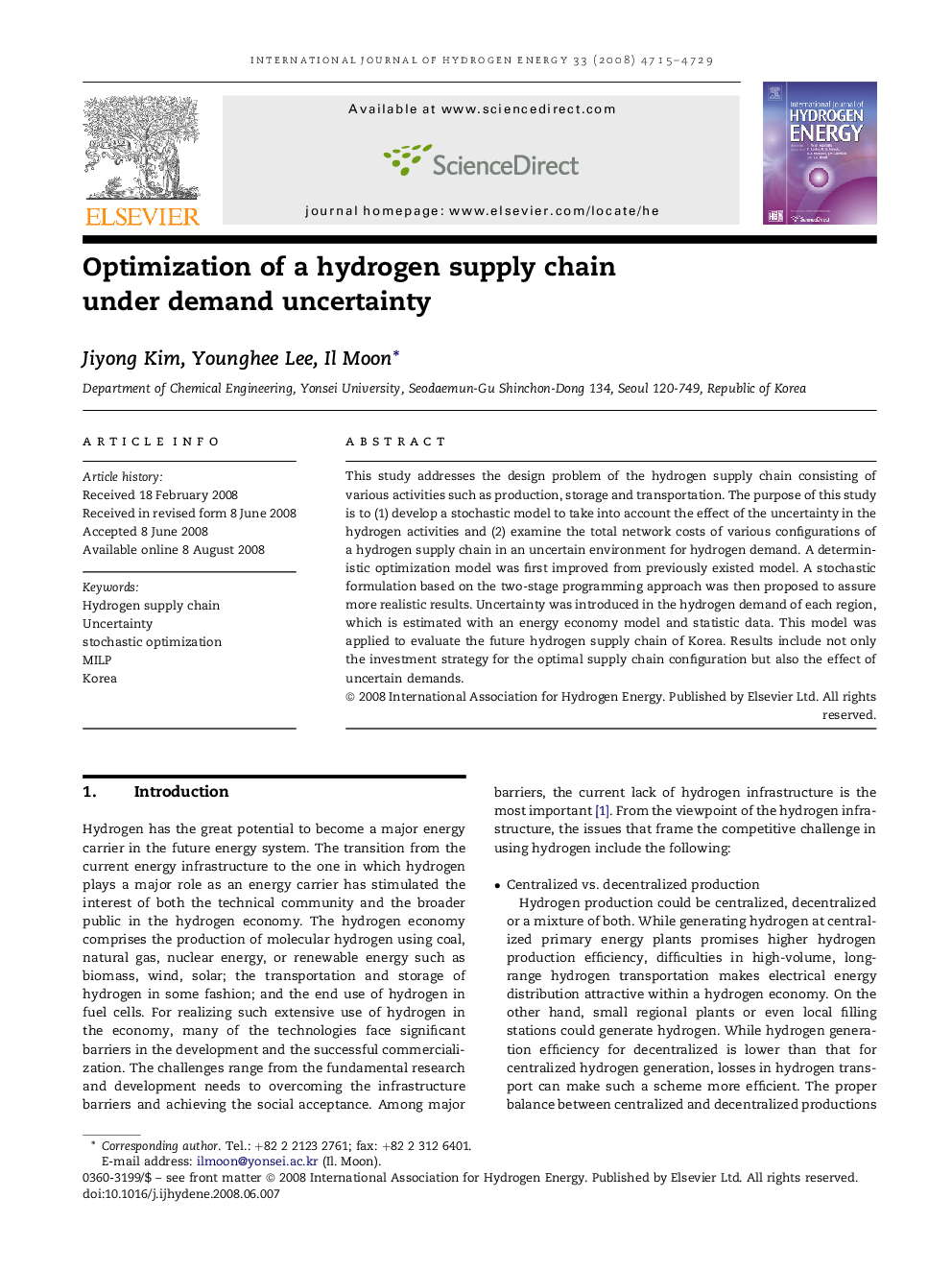 Optimization of a hydrogen supply chain under demand uncertainty