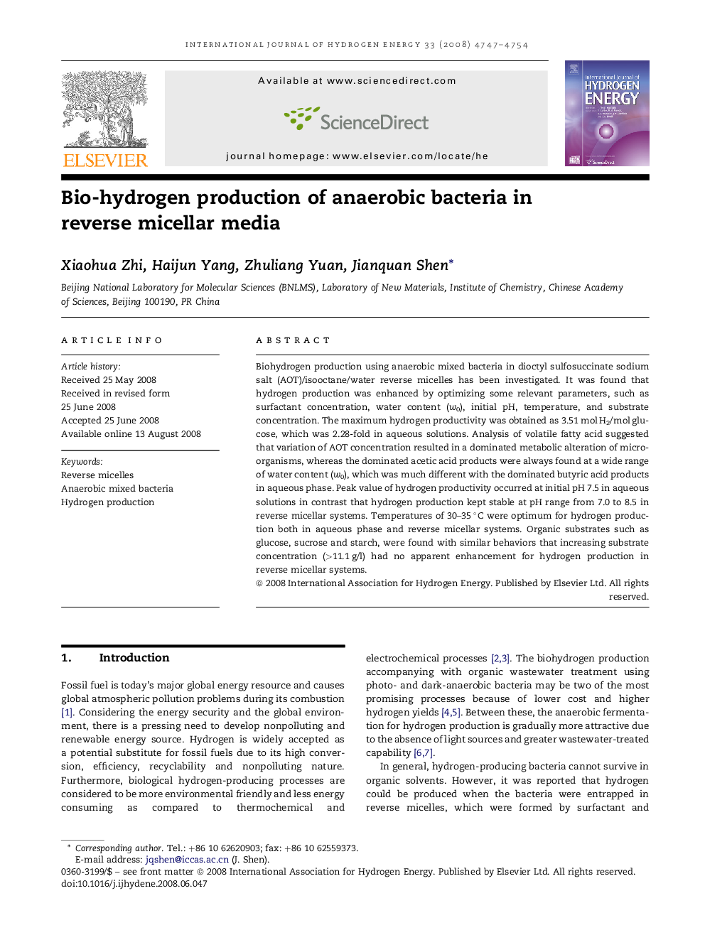 Bio-hydrogen production of anaerobic bacteria in reverse micellar media