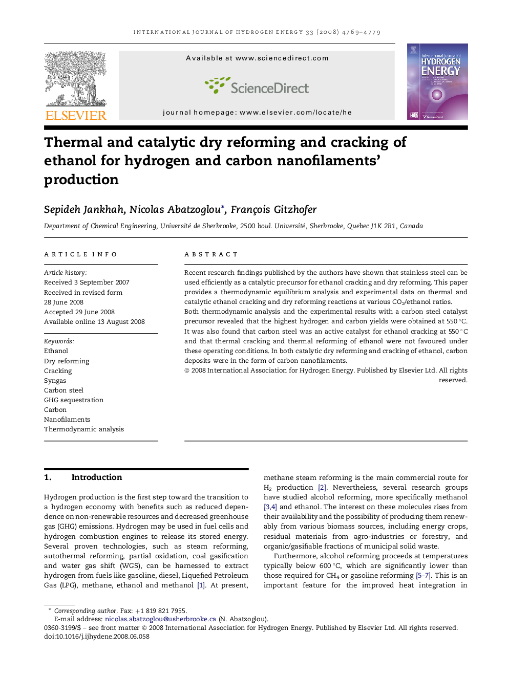 Thermal and catalytic dry reforming and cracking of ethanol for hydrogen and carbon nanofilaments' production