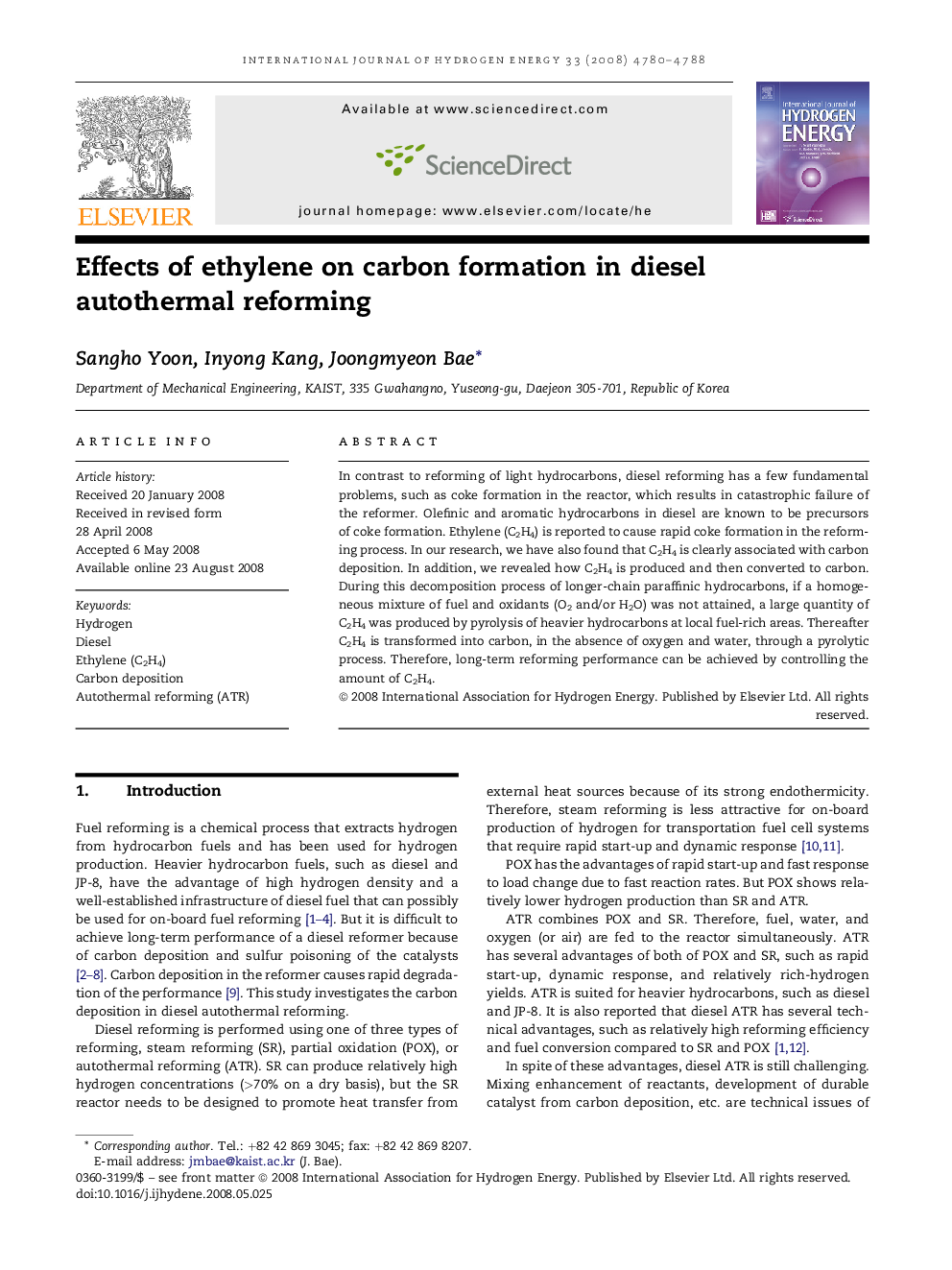 Effects of ethylene on carbon formation in diesel autothermal reforming