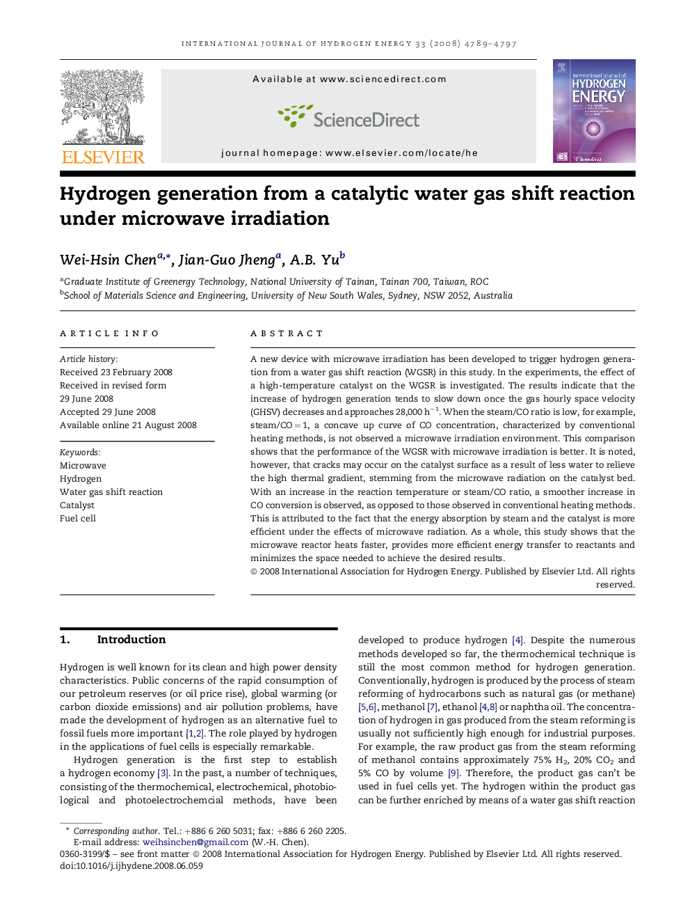 Hydrogen generation from a catalytic water gas shift reaction under microwave irradiation