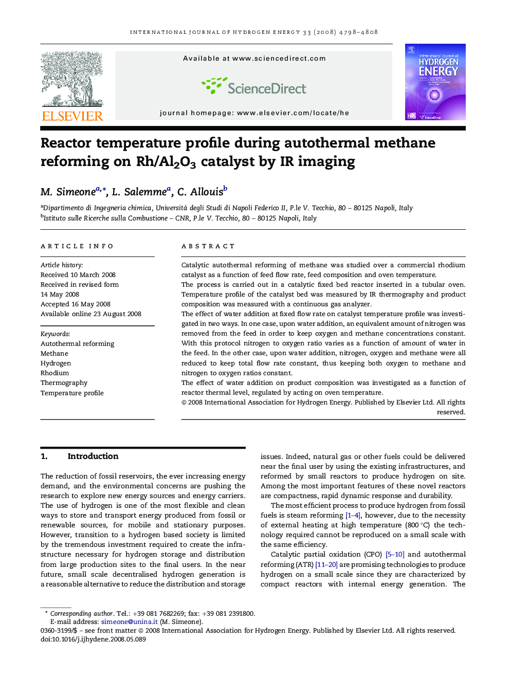 Reactor temperature profile during autothermal methane reforming on Rh/Al2O3 catalyst by IR imaging