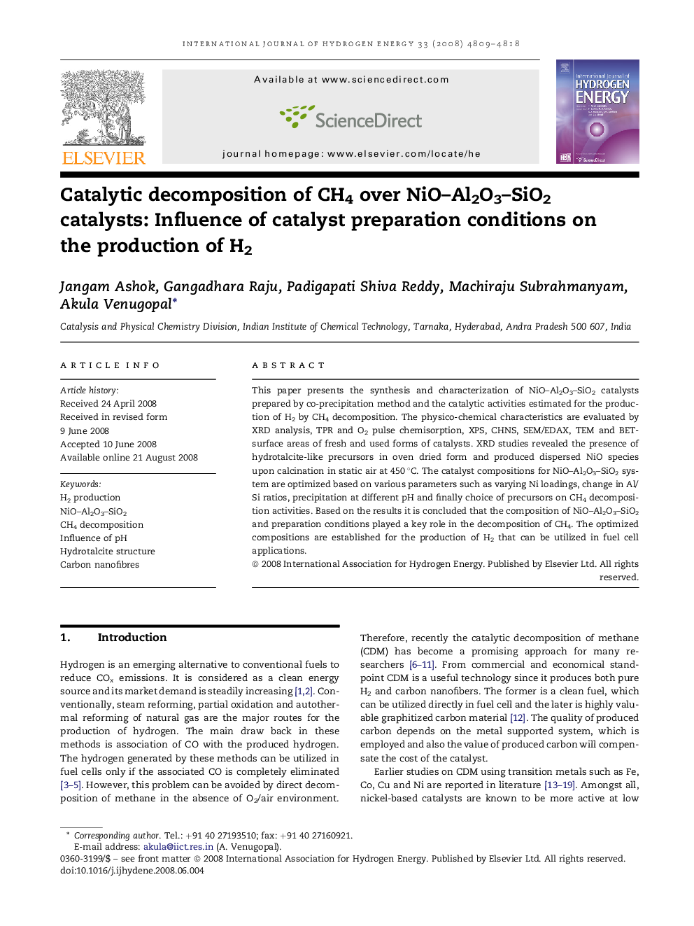 Catalytic decomposition of CH4 over NiO–Al2O3–SiO2 catalysts: Influence of catalyst preparation conditions on the production of H2