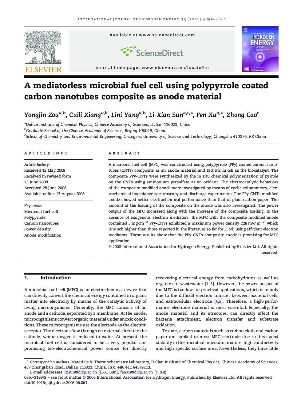 A mediatorless microbial fuel cell using polypyrrole coated carbon nanotubes composite as anode material