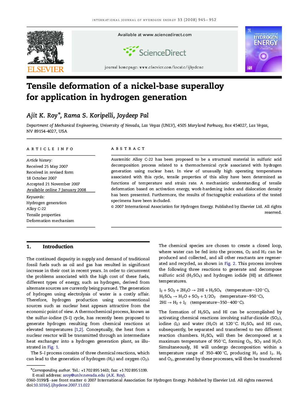 Tensile deformation of a nickel-base superalloy for application in hydrogen generation