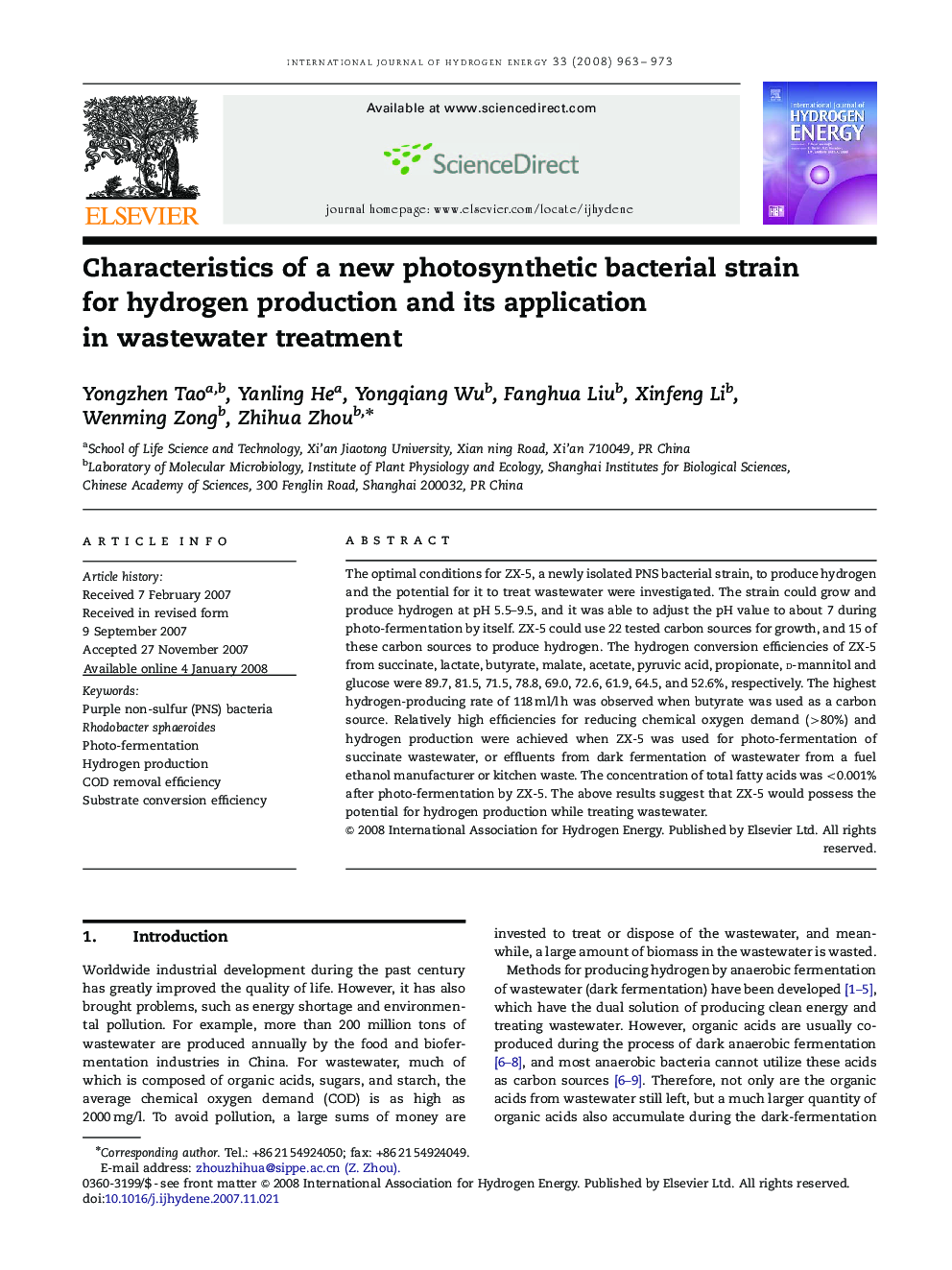 Characteristics of a new photosynthetic bacterial strain for hydrogen production and its application in wastewater treatment