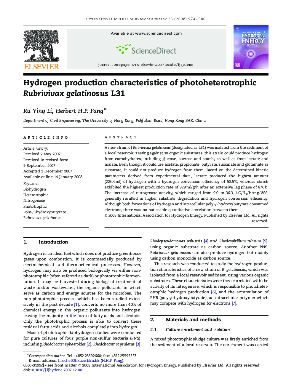 Hydrogen production characteristics of photoheterotrophic Rubrivivax gelatinosus L31