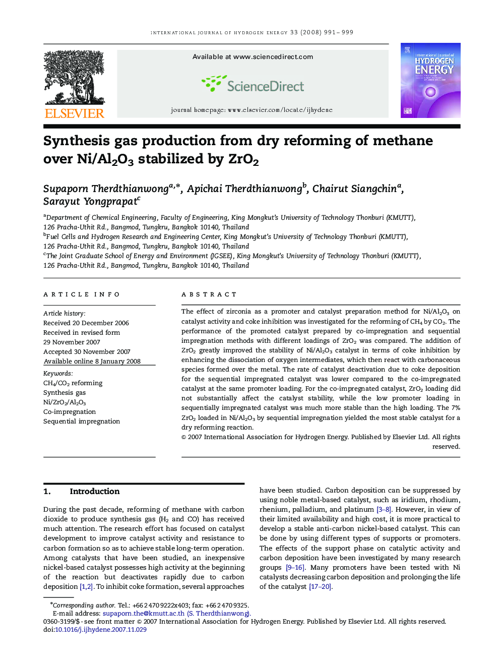 Synthesis gas production from dry reforming of methane over Ni/Al2O3 stabilized by ZrO2