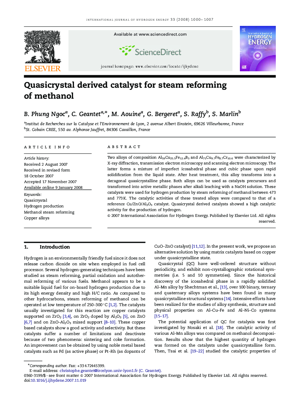 Quasicrystal derived catalyst for steam reforming of methanol