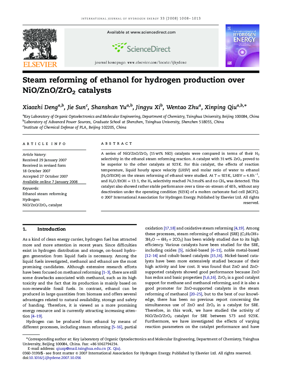 Steam reforming of ethanol for hydrogen production over NiO/ZnO/ZrO2 catalysts