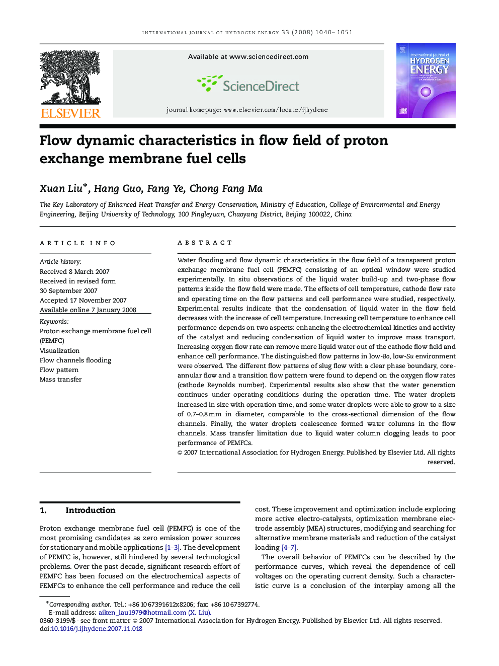 Flow dynamic characteristics in flow field of proton exchange membrane fuel cells