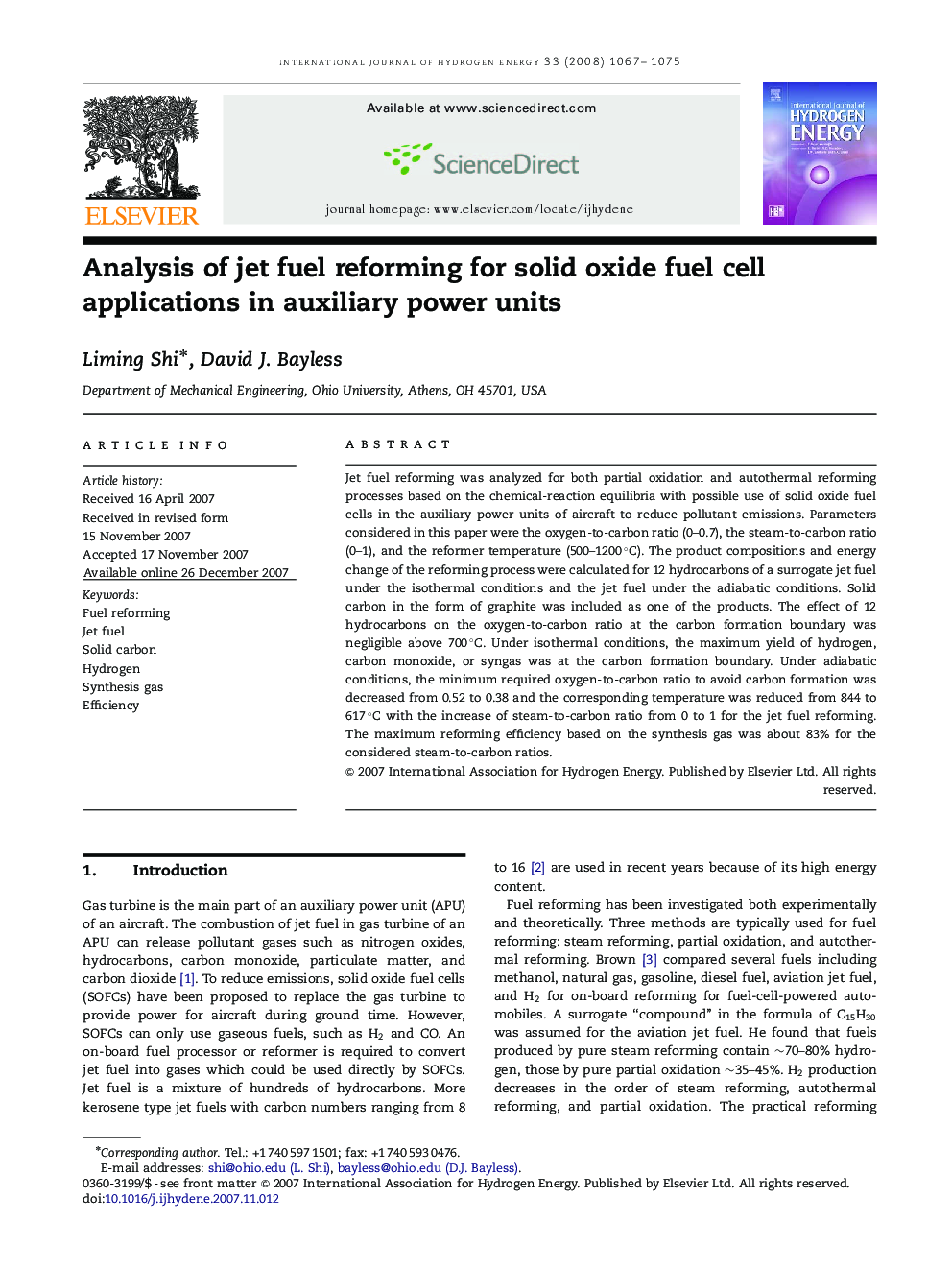 Analysis of jet fuel reforming for solid oxide fuel cell applications in auxiliary power units