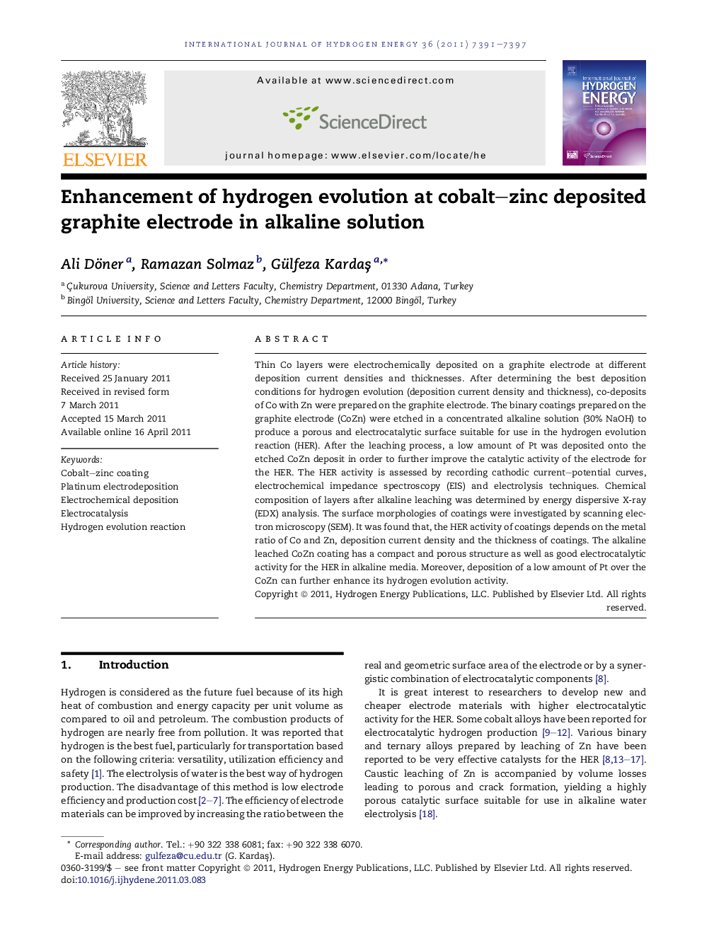 Enhancement of hydrogen evolution at cobalt–zinc deposited graphite electrode in alkaline solution