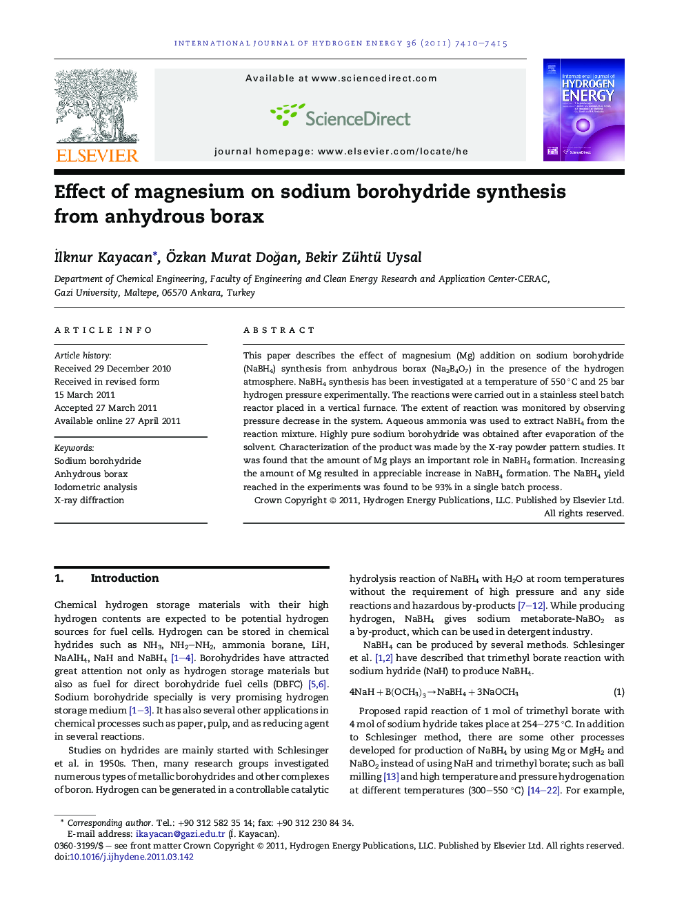 Effect of magnesium on sodium borohydride synthesis from anhydrous borax