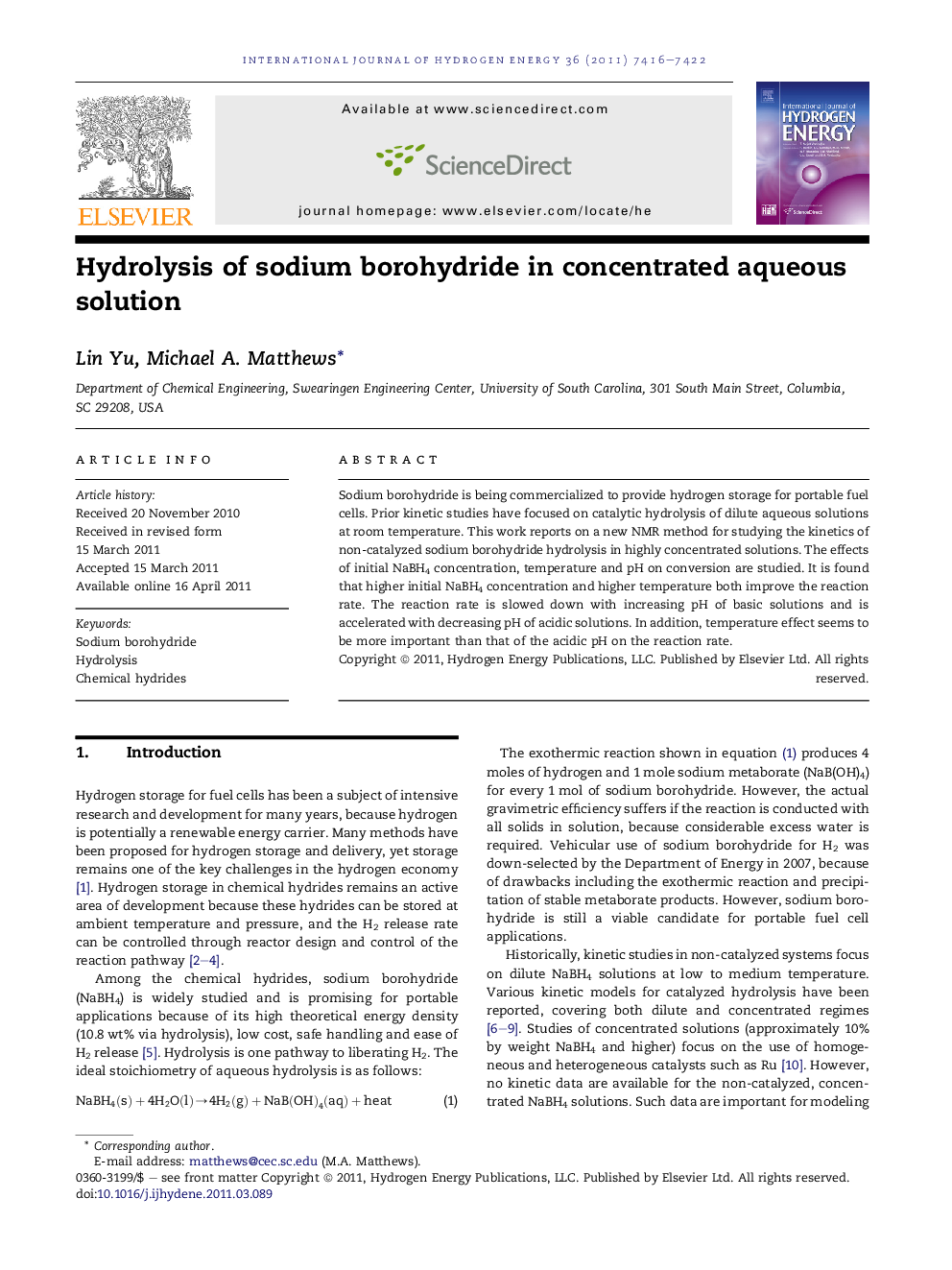 Hydrolysis of sodium borohydride in concentrated aqueous solution