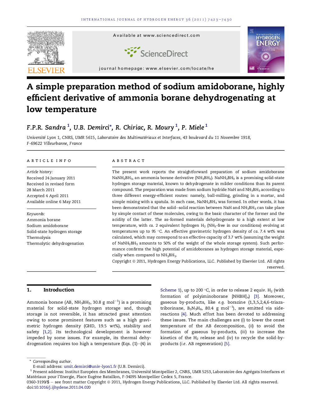 A simple preparation method of sodium amidoborane, highly efficient derivative of ammonia borane dehydrogenating at low temperature