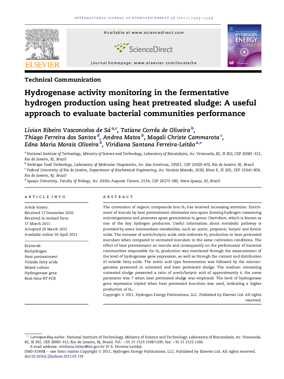 Hydrogenase activity monitoring in the fermentative hydrogen production using heat pretreated sludge: A useful approach to evaluate bacterial communities performance