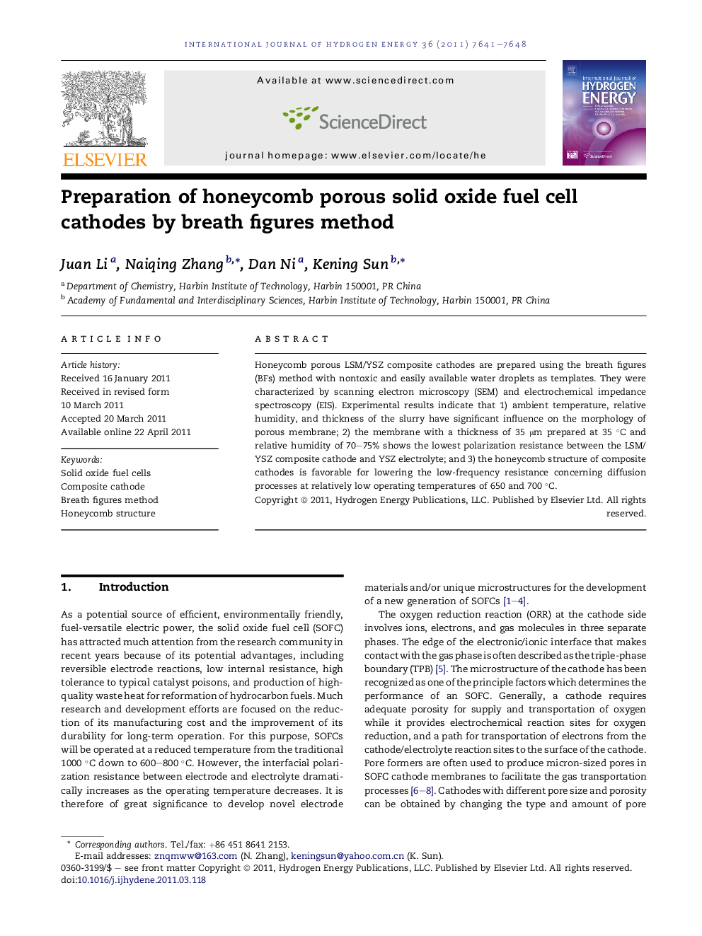 Preparation of honeycomb porous solid oxide fuel cell cathodes by breath figures method