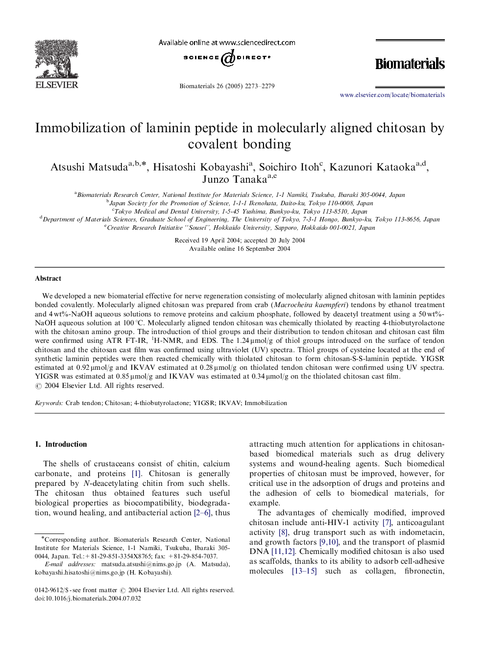 Immobilization of laminin peptide in molecularly aligned chitosan by covalent bonding