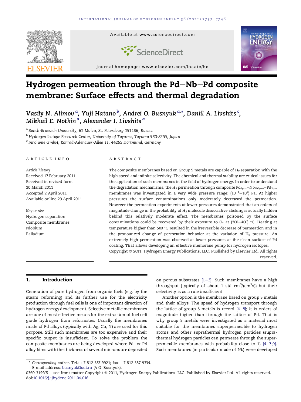 Hydrogen permeation through the Pd–Nb–Pd composite membrane: Surface effects and thermal degradation