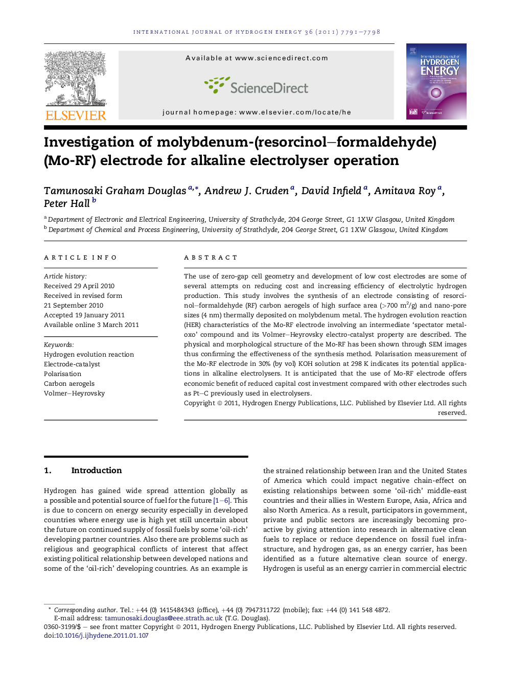 Investigation of molybdenum-(resorcinol–formaldehyde) (Mo-RF) electrode for alkaline electrolyser operation