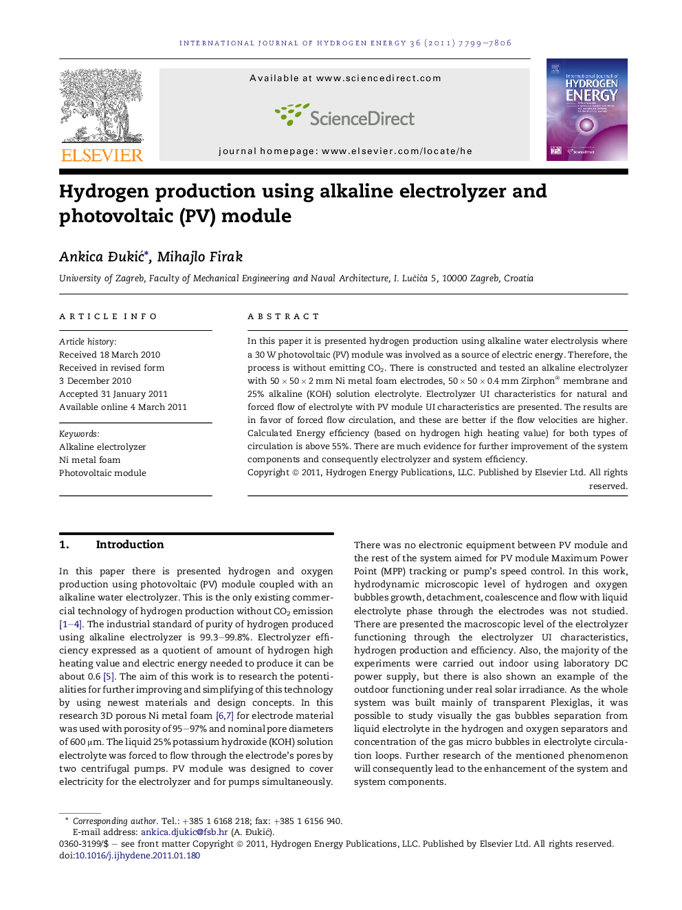 Hydrogen production using alkaline electrolyzer and photovoltaic (PV) module