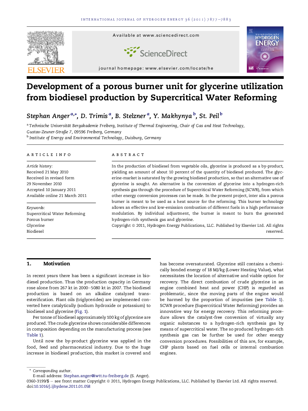 Development of a porous burner unit for glycerine utilization from biodiesel production by Supercritical Water Reforming