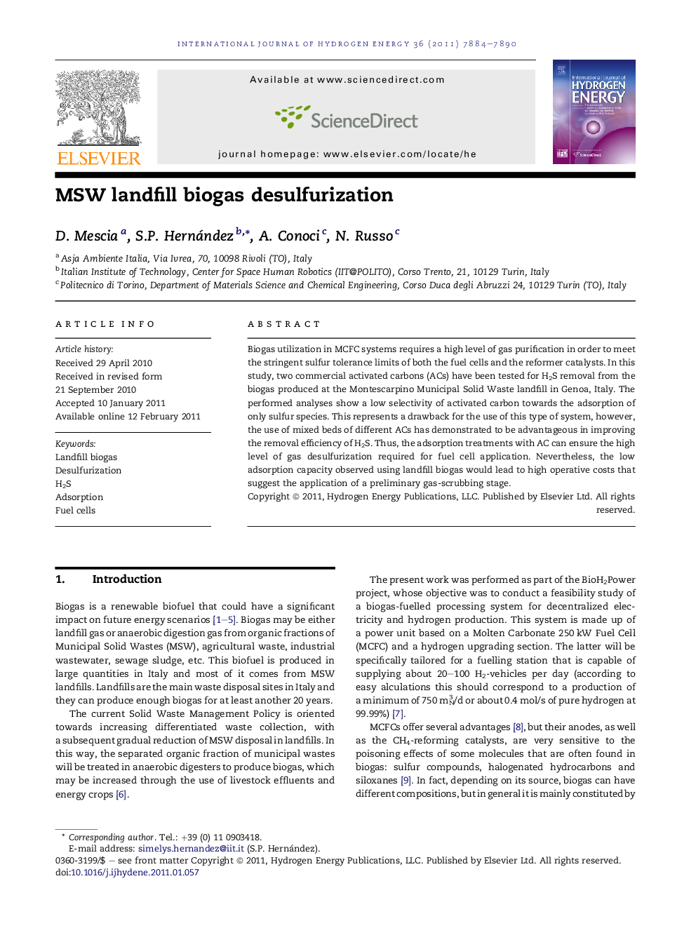 MSW landfill biogas desulfurization