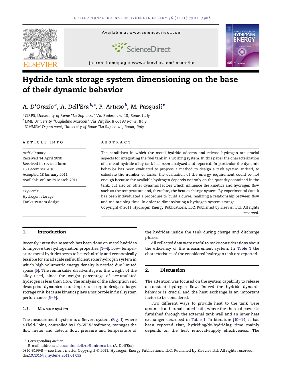 Hydride tank storage system dimensioning on the base of their dynamic behavior