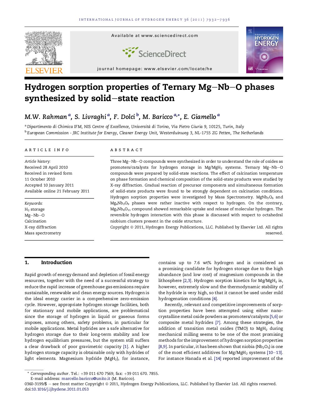 Hydrogen sorption properties of Ternary Mg–Nb–O phases synthesized by solid–state reaction