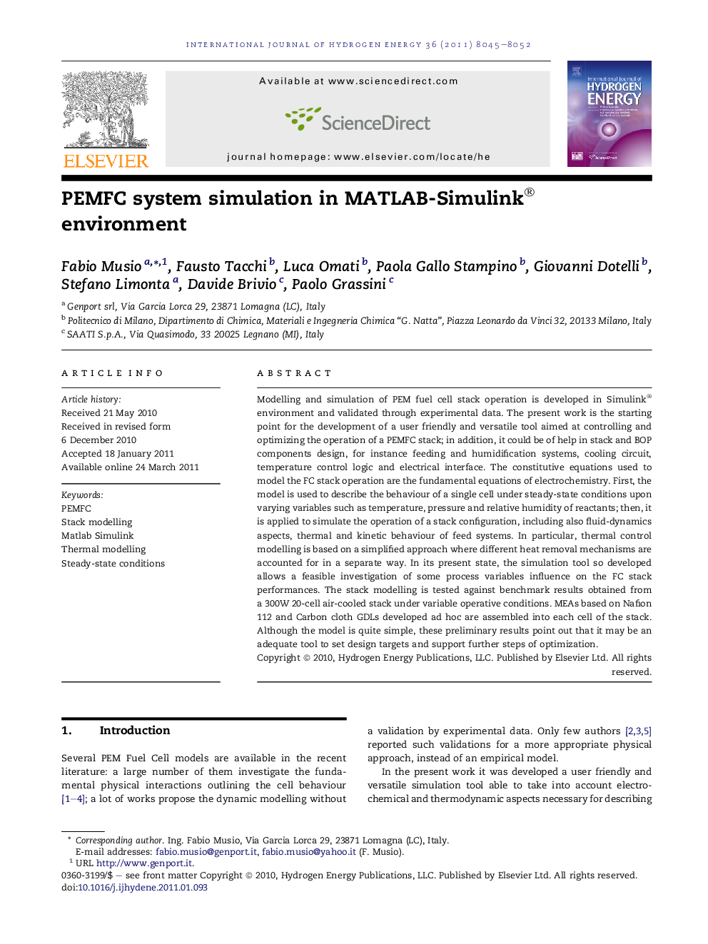 PEMFC system simulation in MATLAB-Simulink® environment