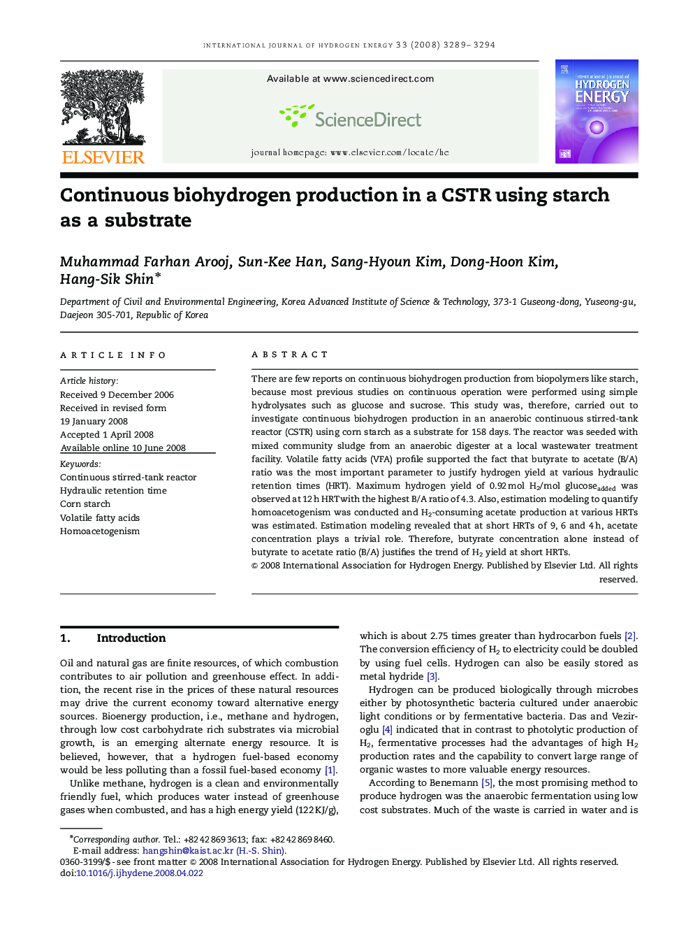 Continuous biohydrogen production in a CSTR using starch as a substrate