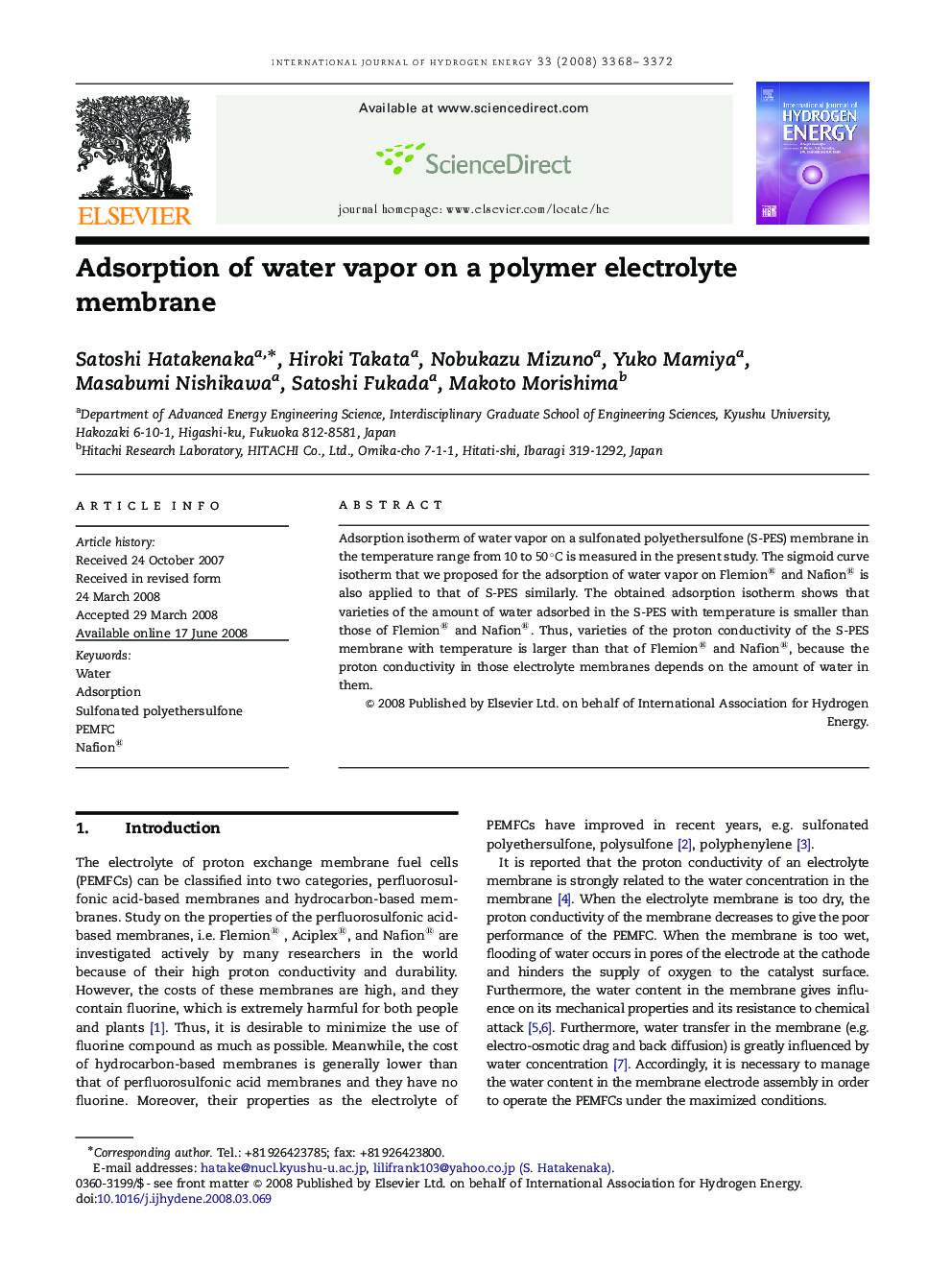 Adsorption of water vapor on a polymer electrolyte membrane