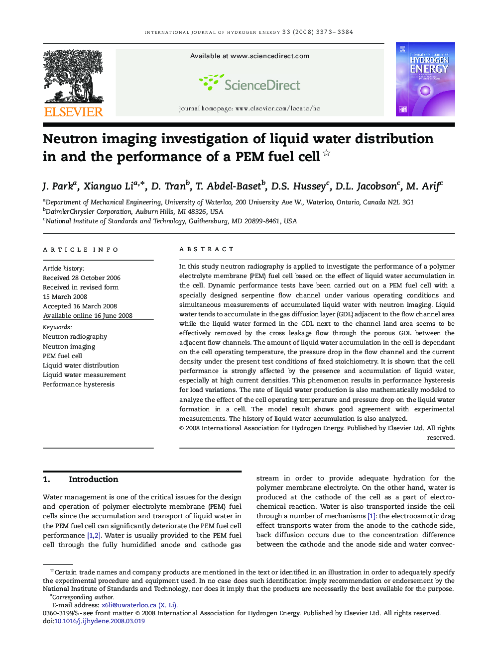 Neutron imaging investigation of liquid water distribution in and the performance of a PEM fuel cell 