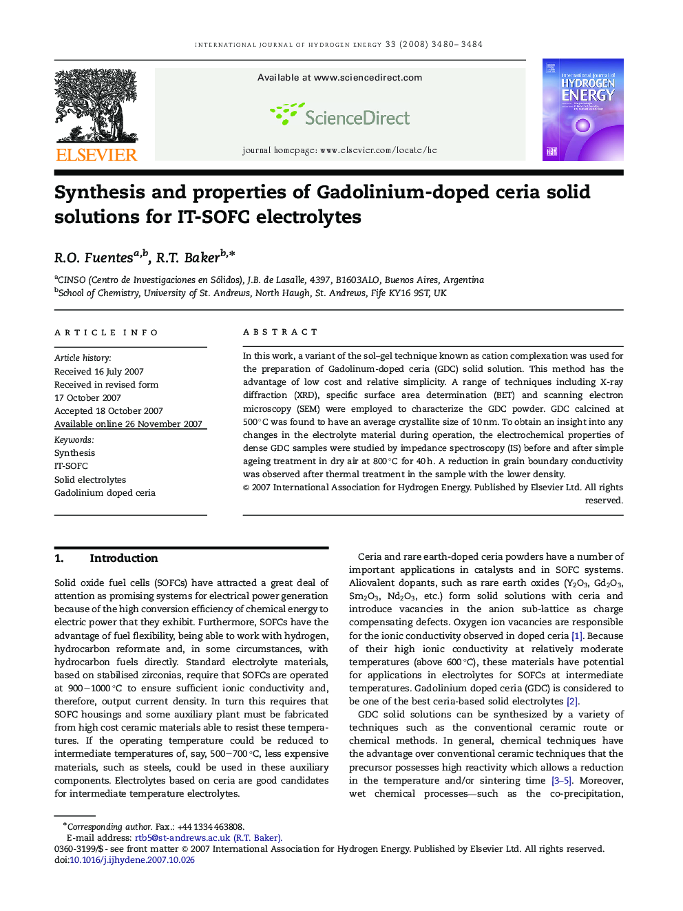Synthesis and properties of Gadolinium-doped ceria solid solutions for IT-SOFC electrolytes