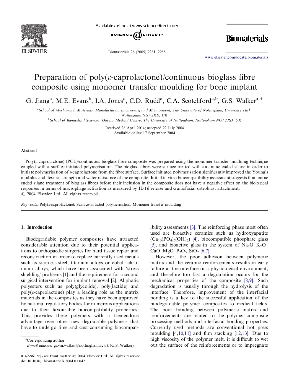 Preparation of poly(ε-caprolactone)/continuous bioglass fibre composite using monomer transfer moulding for bone implant