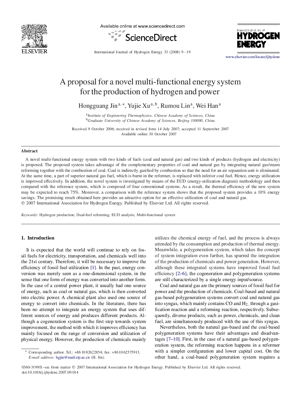 A proposal for a novel multi-functional energy system for the production of hydrogen and power