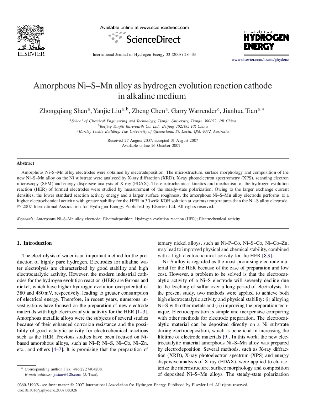 Amorphous Ni–S–Mn alloy as hydrogen evolution reaction cathode in alkaline medium