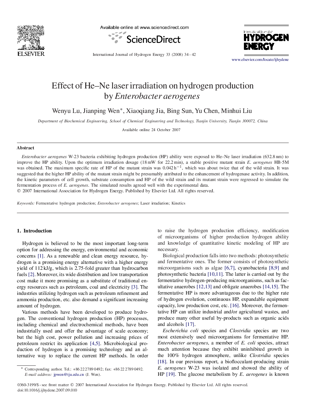 Effect of He–Ne laser irradiation on hydrogen production by Enterobacter aerogenes