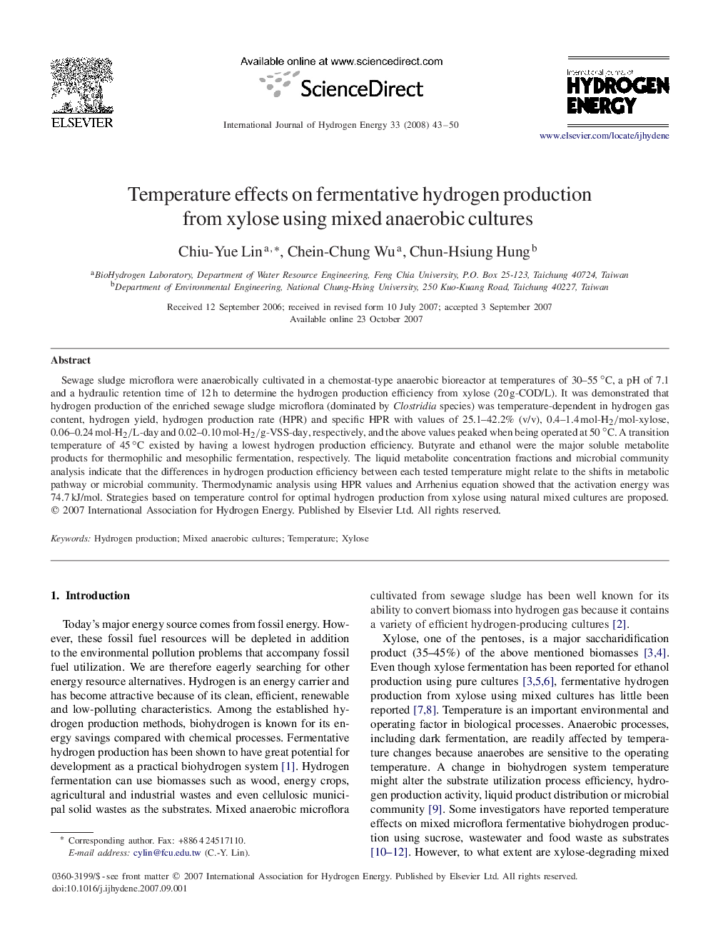 Temperature effects on fermentative hydrogen production from xylose using mixed anaerobic cultures